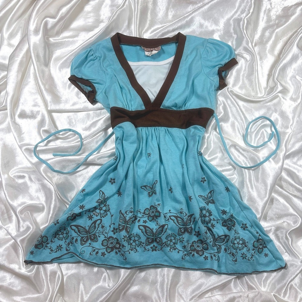 y2k Babydoll Tunic Top Blue Excellent Butterfly Graphic Empire Waist Knitworks